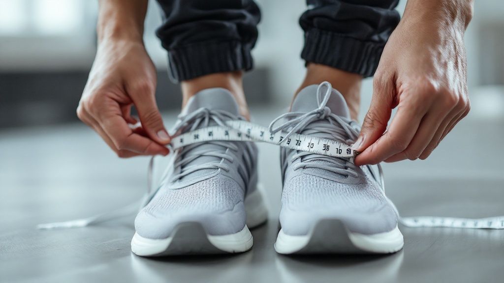 Hands measuring gray sneakers with a measuring tape on a wooden floor. The tape shows numbers, suggesting precise measurement.