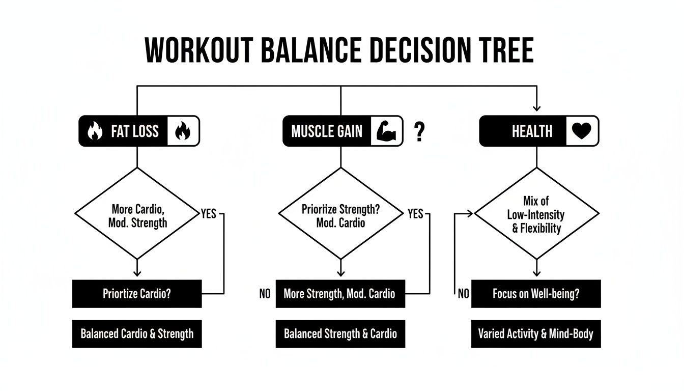 A workout balance decision tree flowchart guiding exercise choices for fat loss, muscle gain, and overall health.