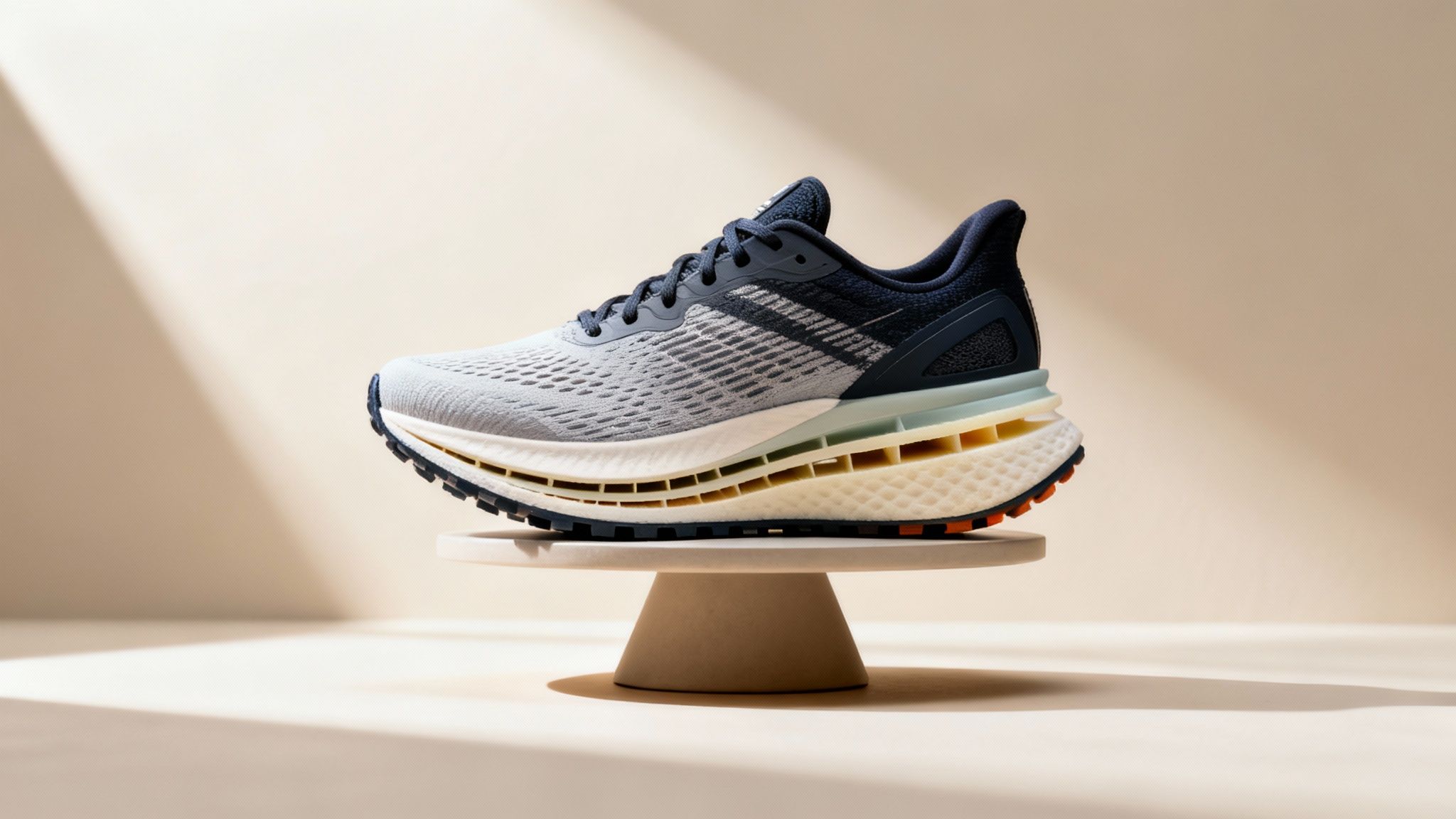 A stylish grey and navy blue running shoe with an innovative layered sole on a light brown pedestal.