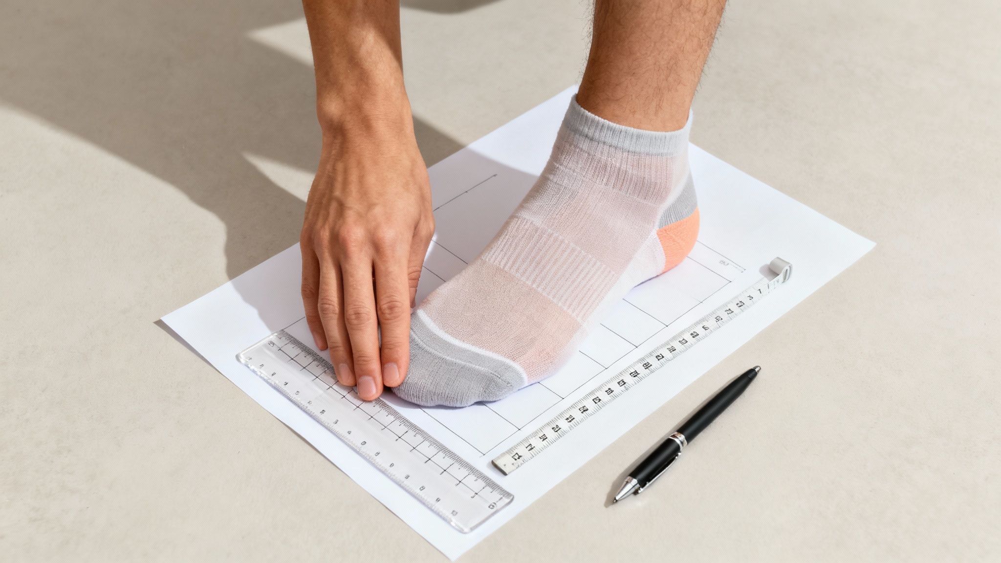 A foot in a sock is measured on paper with a ruler. A hand holds the ruler steady. Nearby is a pen. The background is a light surface.