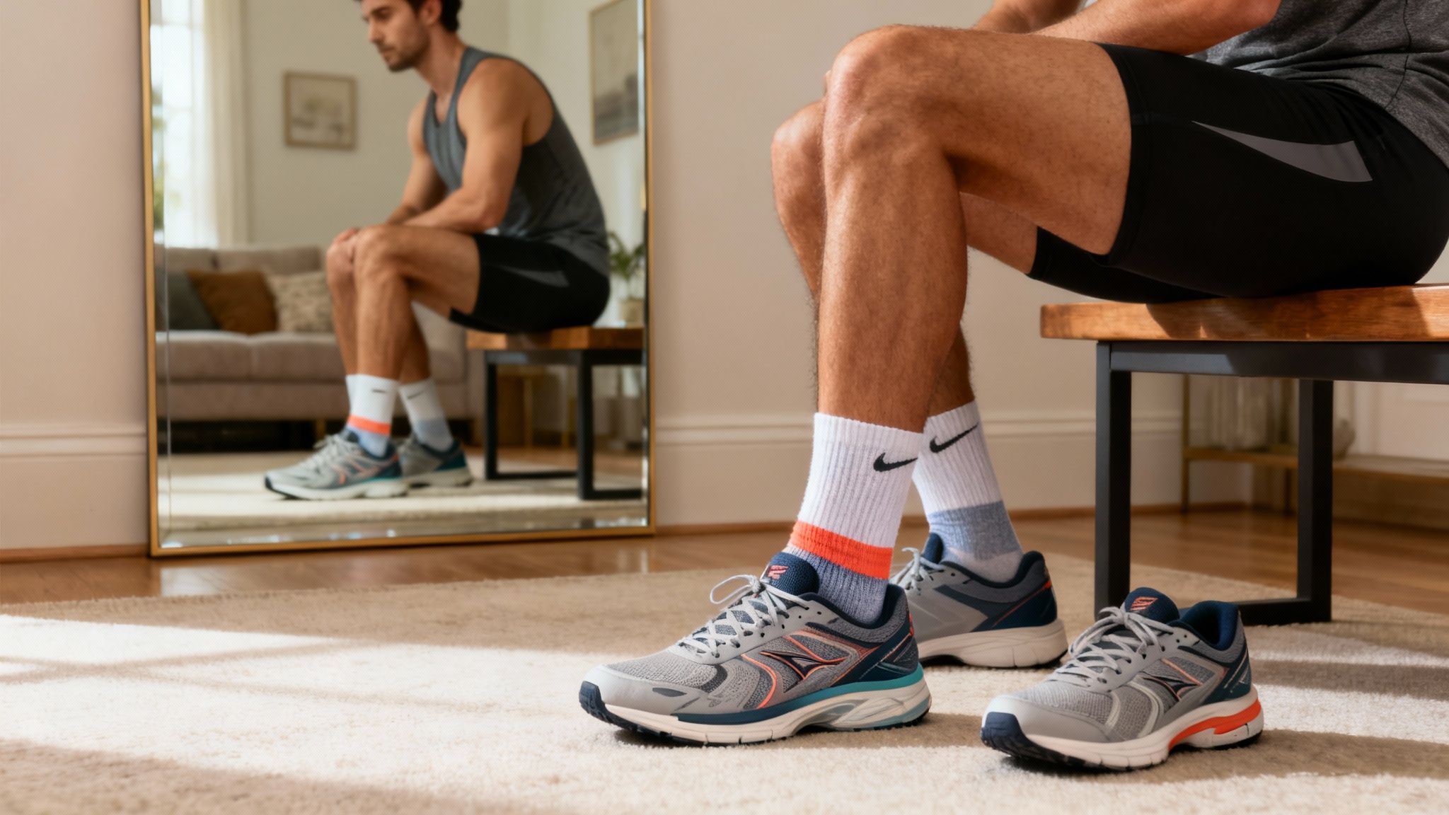 A person sits, putting on grey and blue athletic shoes, wearing white socks with colorful stripes.