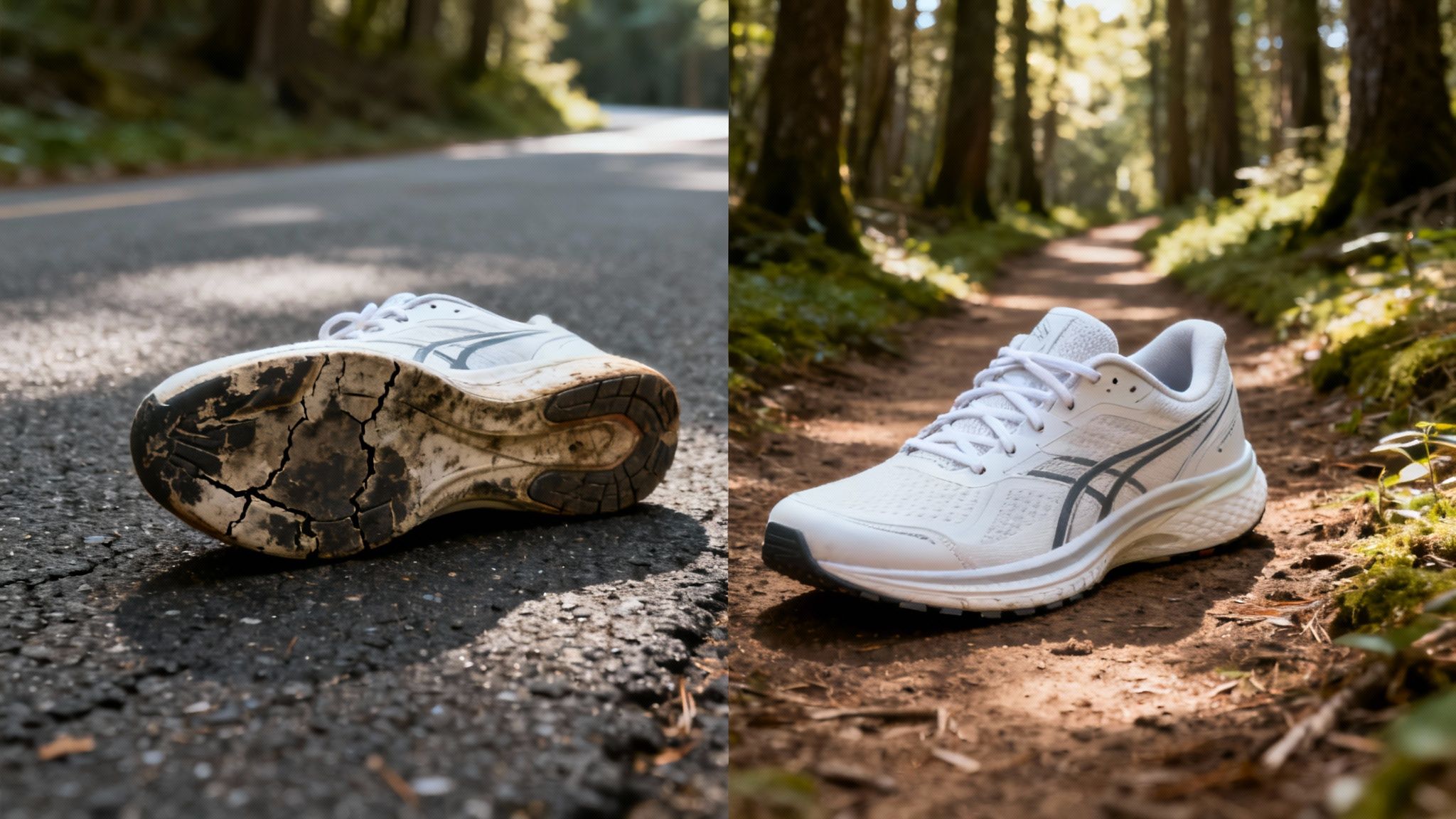 Worn sneaker on asphalt and clean sneaker on forest path. Sunlit forest background with green foliage. White with black logo and design.