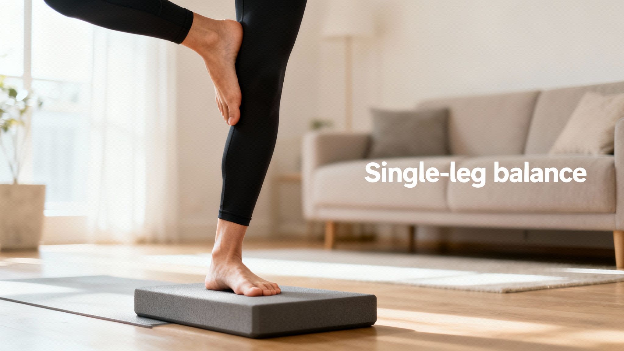 A person in black leggings performs a single-leg balance exercise on a grey pad in a bright room.