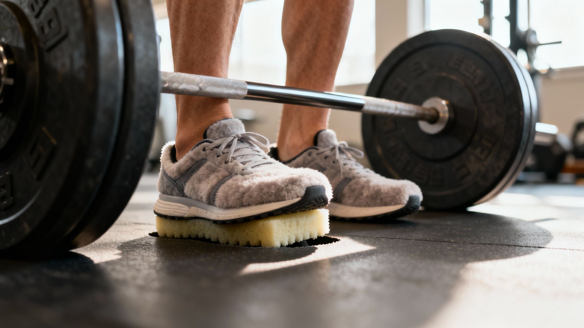 A person's feet in athletic shoes standing on a gym floor with weights nearby