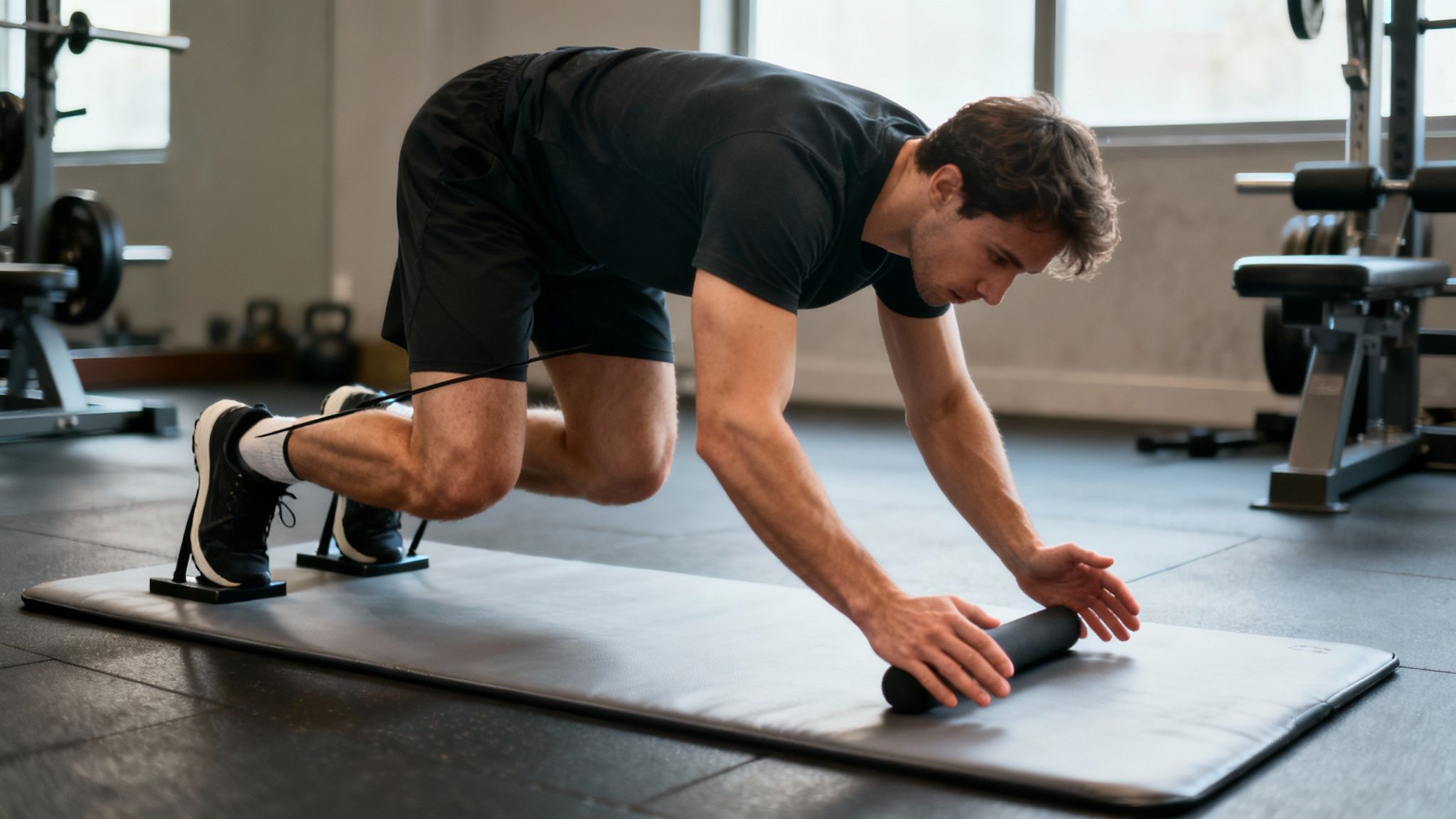 Young man performing a core strengthening exercise with an ab roller and resistance bands in a gym.