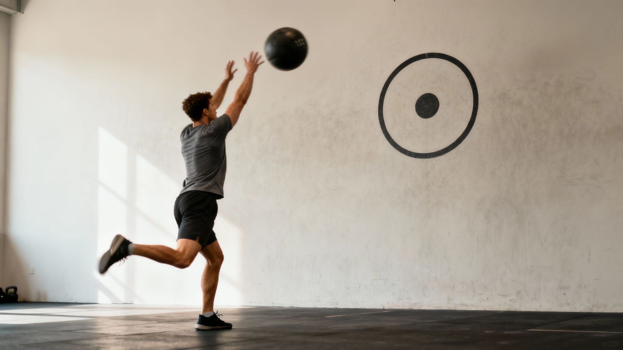Man in gym throws medicine ball at target on white wall, wearing gray shirt and black shorts. Bright sunlight casts window shadows.