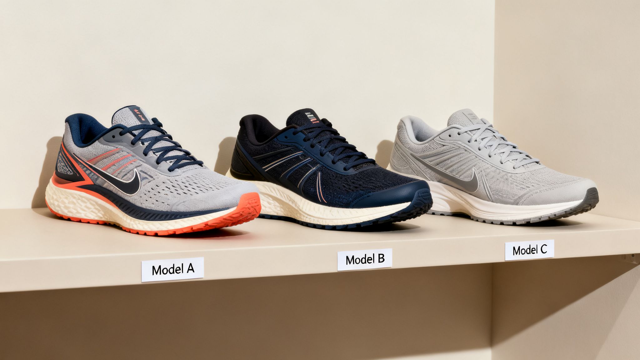 Three distinct models of men's running shoes (A, B, C) displayed side-by-side on a shelf.
