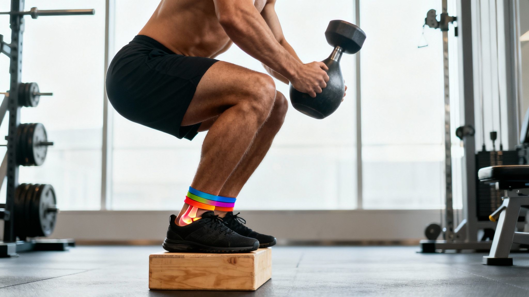 Man doing a squat holding a dumbbell in the gym wearing colorful socks and workout clothes