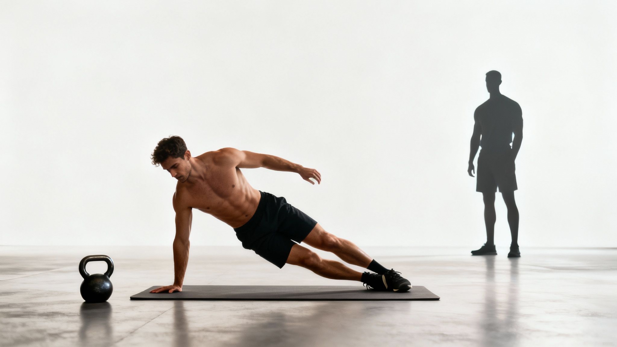 Muscular man performing a side plank on a mat, showing core strength during a workout.