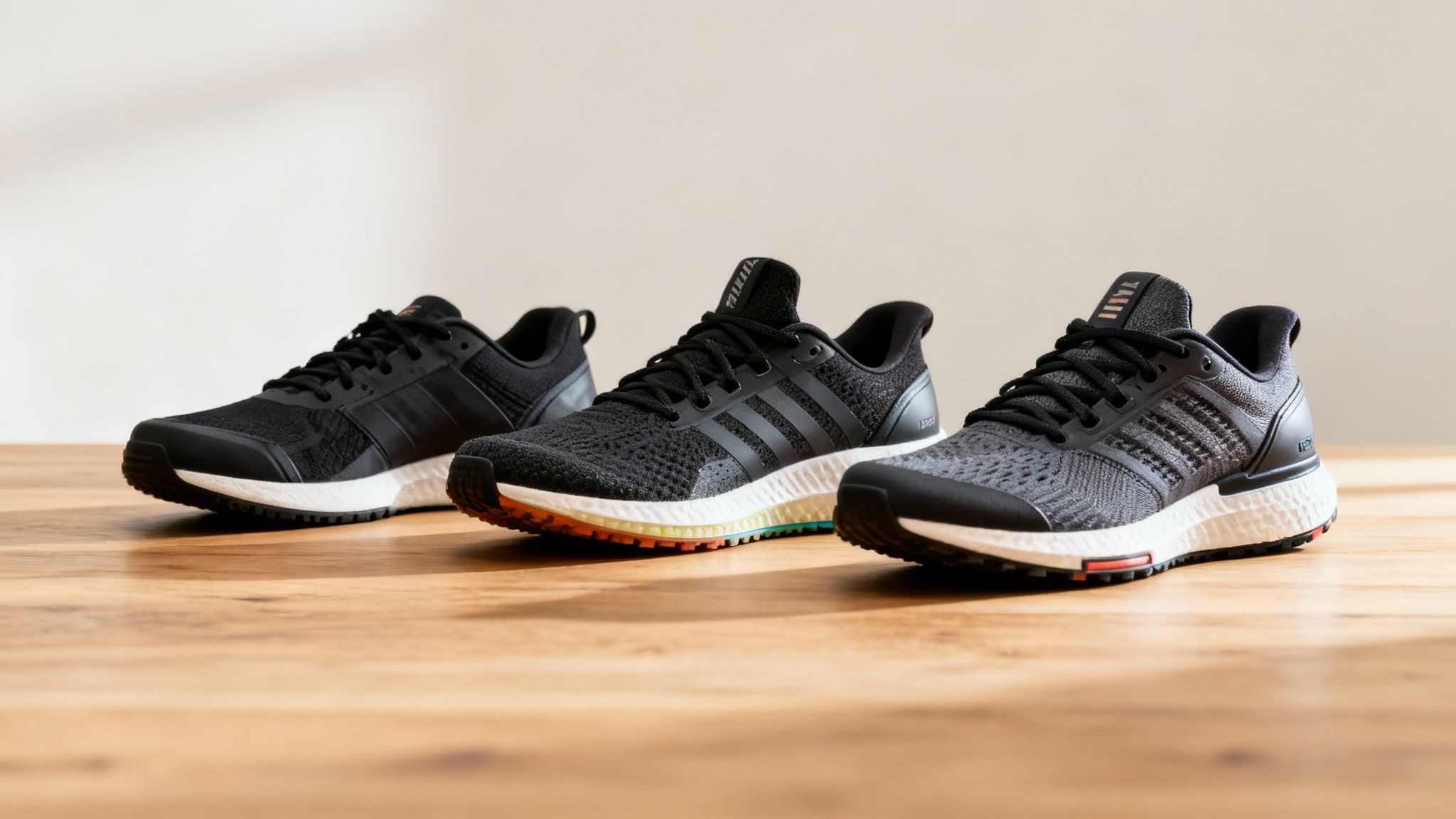 Three black athletic shoes with white soles displayed on a polished wooden surface.