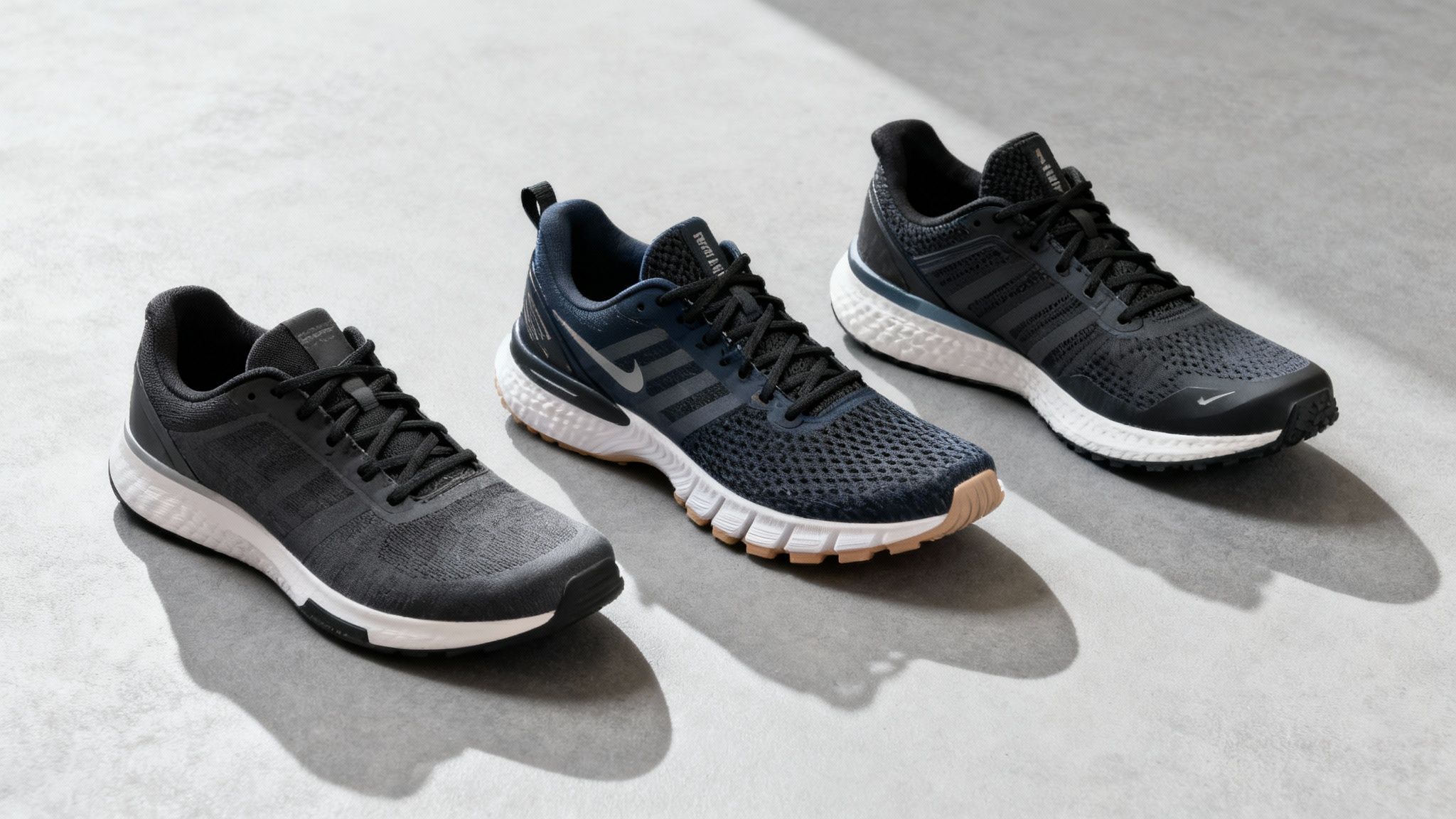 Three pairs of sneakers on a gray floor, featuring black and navy colors with white soles. Sunlight casts shadows on the surface.
