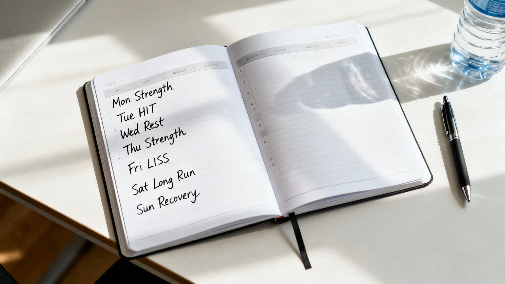 An open fitness planner displaying a weekly workout schedule with strength, HIIT, rest, LISS, long run, and recovery.