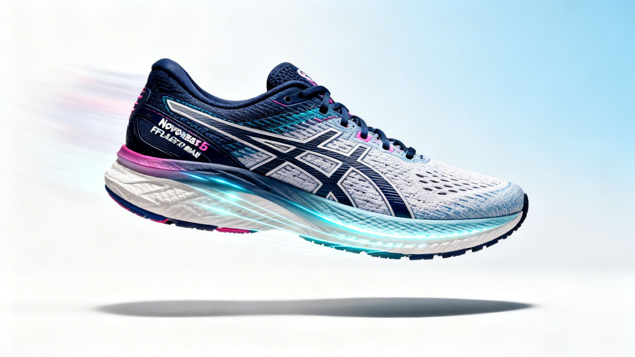 A blue and white ASICS Novablast 5 running shoe on a white pedestal against a white background.