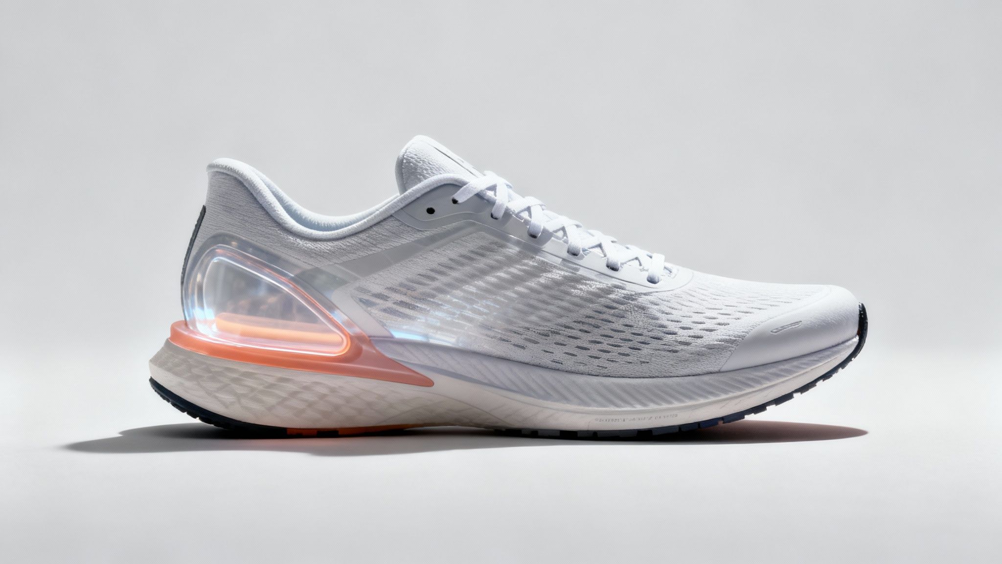 Eye level of a white athletic shoe with its heel cup highlighted