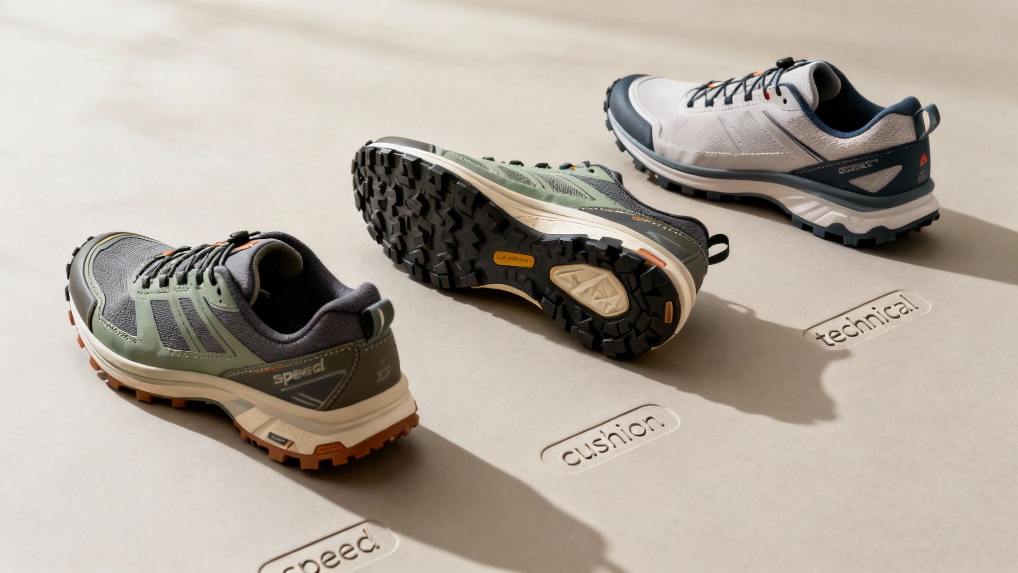 Close-up of a pair of trail running shoes on a rock