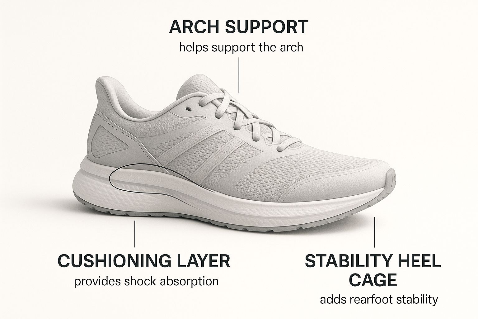 Gray sneaker image highlighting arch support, cushioning layer for shock absorption, and stability heel cage. Text explains features. Clean background.