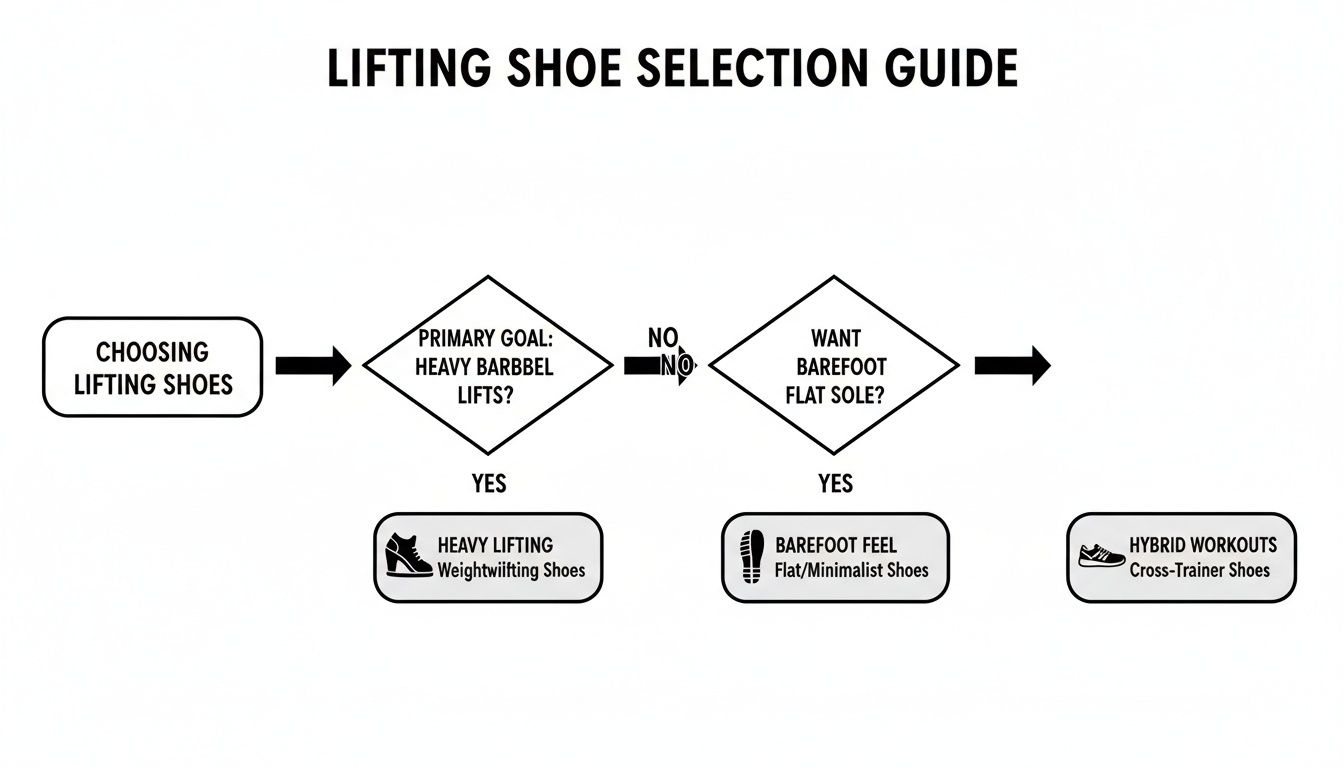 A flowchart guiding the selection of lifting shoes based on workout goals and sole preference.