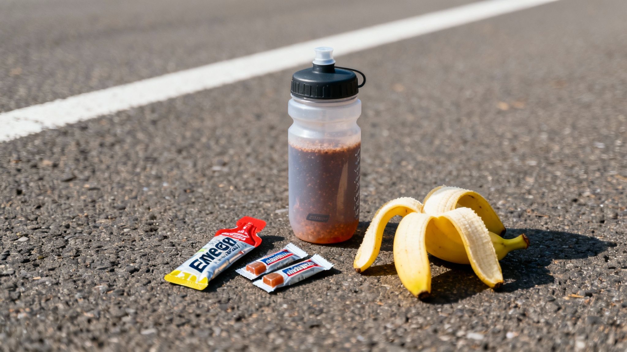 Water bottle, banana peel, and energy snacks lie on asphalt road. Energetic and sporty mood with bright sunlight and dynamic scene.