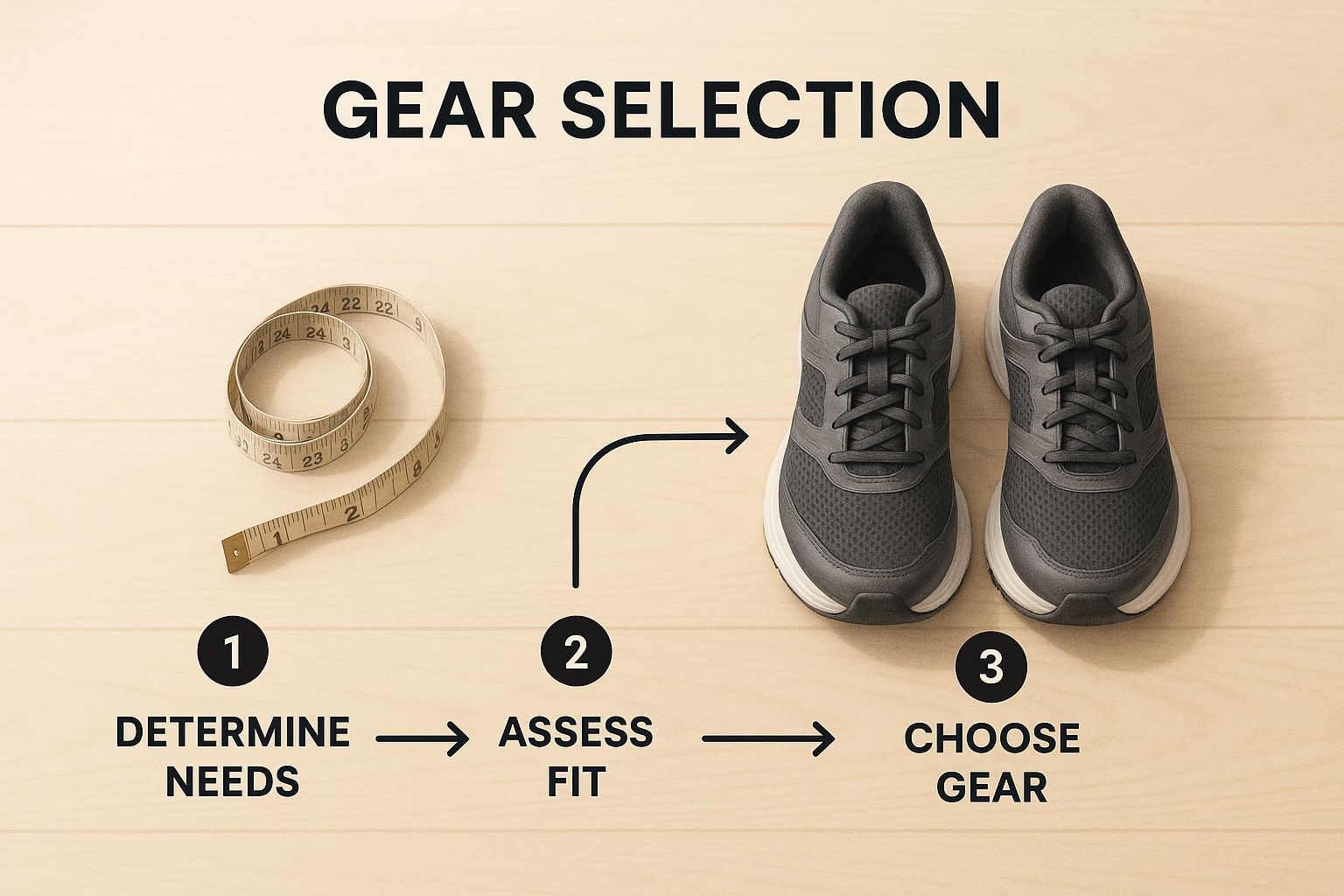 Tape measure and gray shoes on wood, labeled "Gear Selection" with steps: 1. Determine Needs, 2. Assess Fit, 3. Choose Gear.