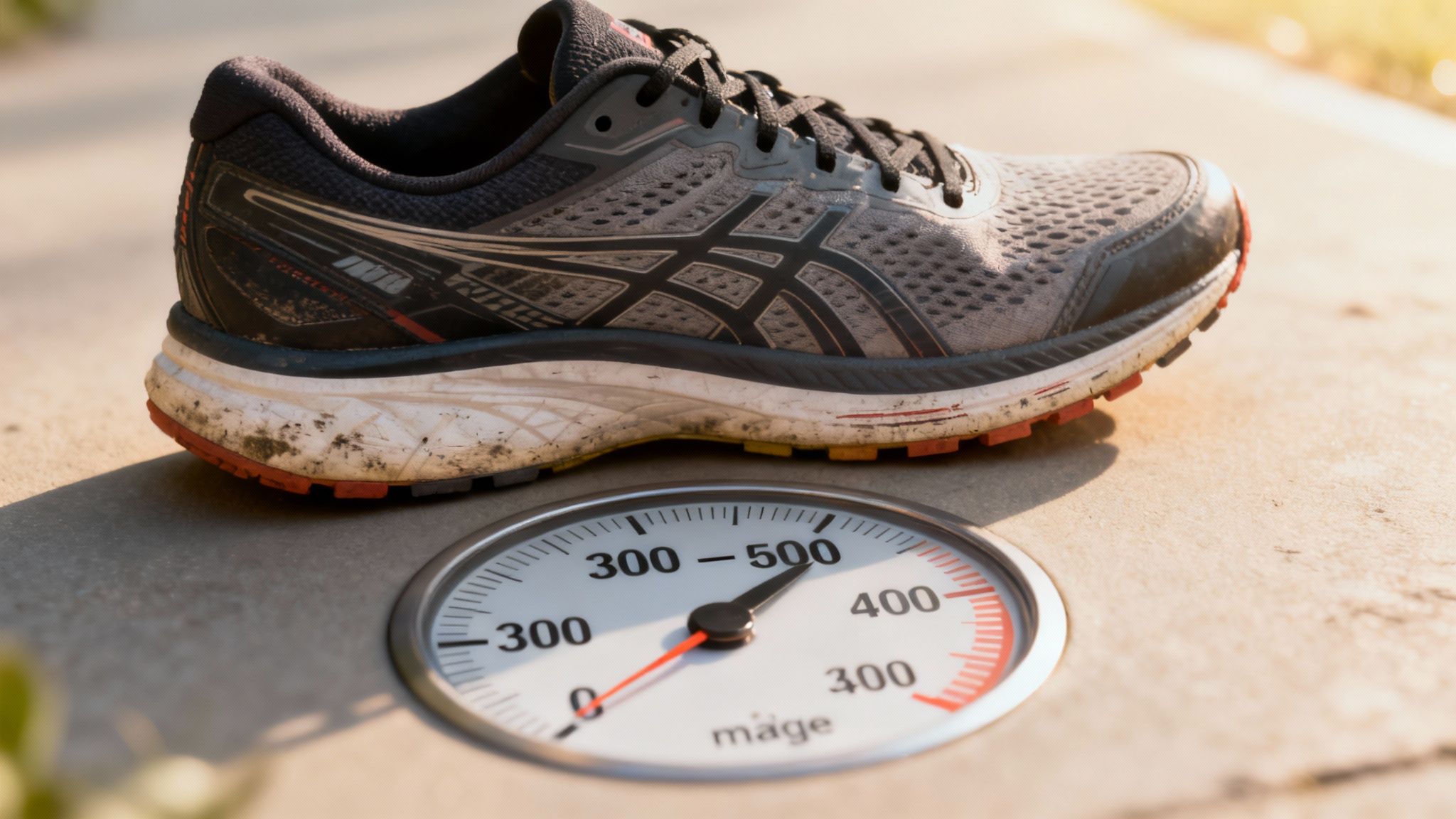 Gray athletic shoe on a stone surface above a weight gauge reading "300-500." Sunlight casts a warm glow, creating a serene mood.