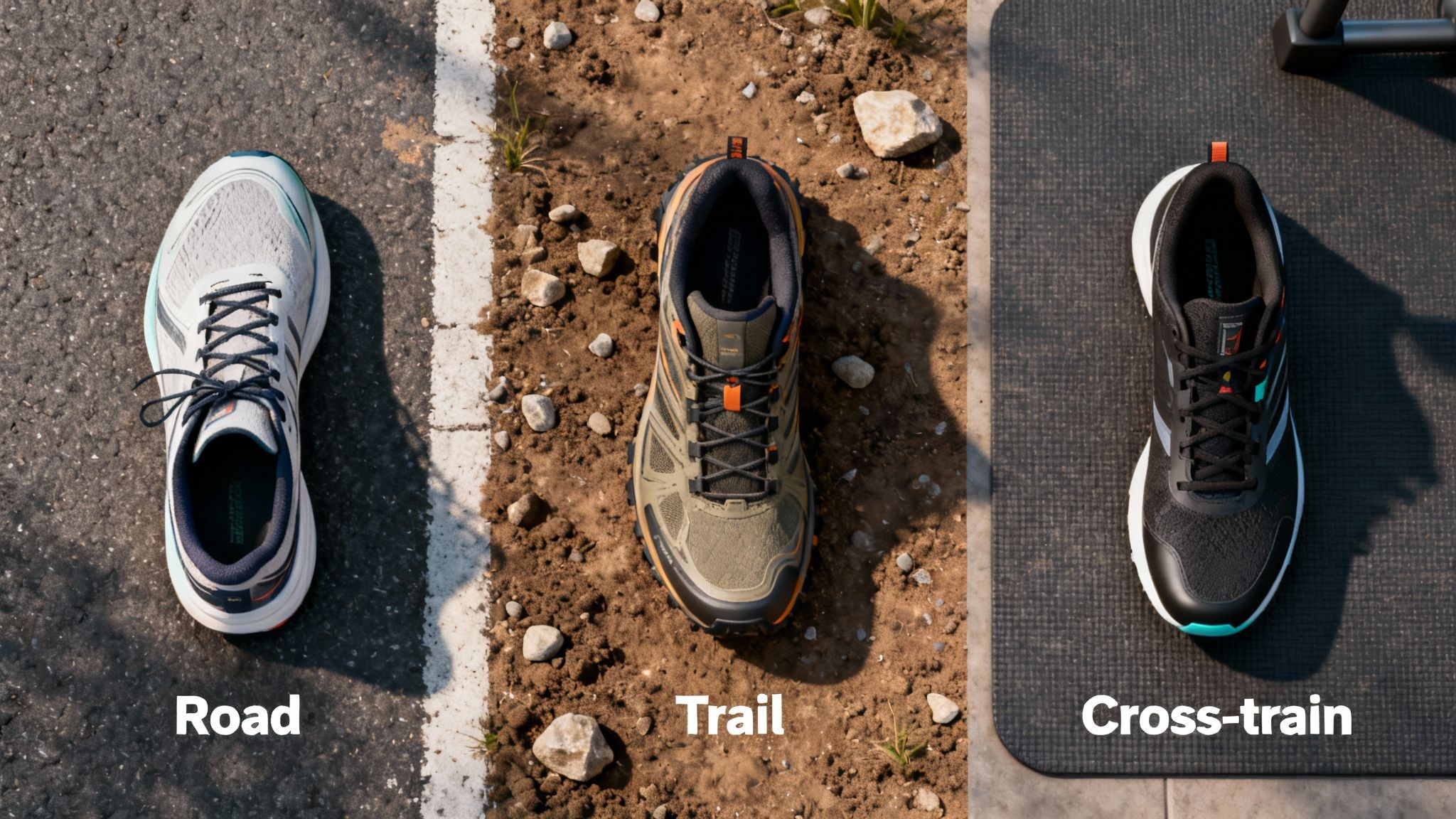 Three distinct athletic shoes for road, trail, and cross-training, each on its appropriate surface.