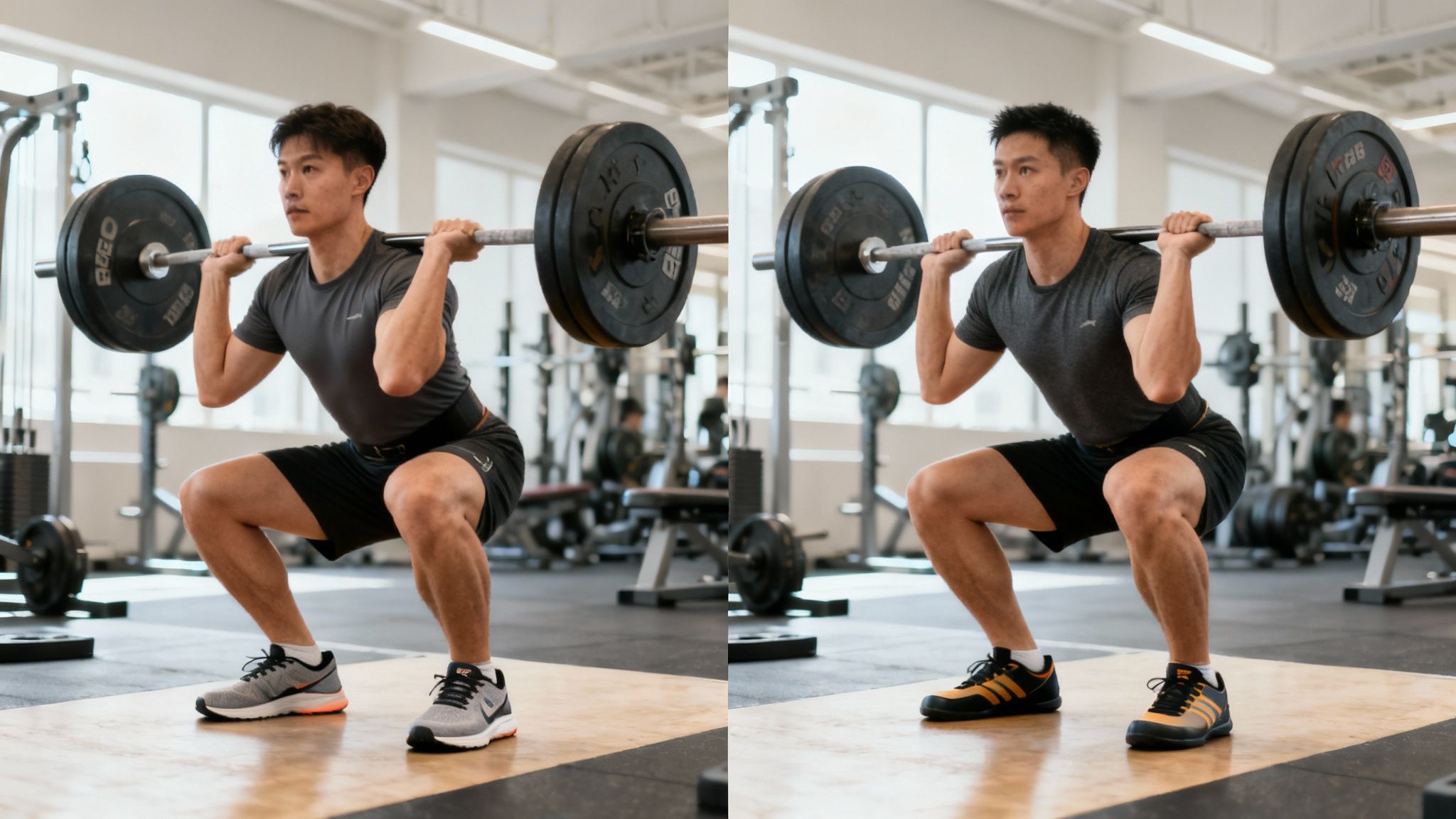 A man performing a barbell squat in a gym, comparing two pairs of athletic shoes.