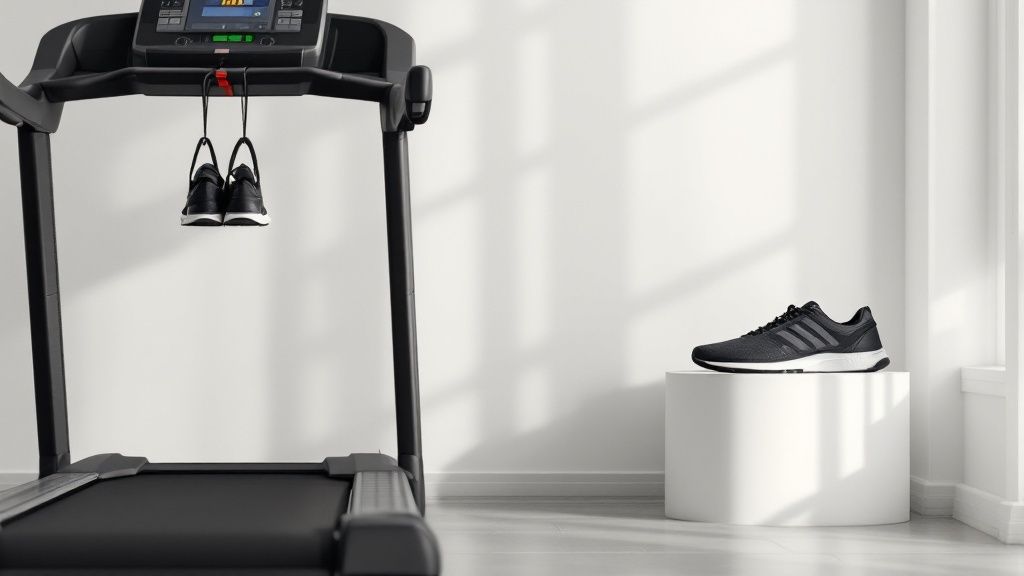 Treadmill with black sneakers hanging on it, another sneaker on a white pedestal. Sunlit room with shadows on a white wall. Calm vibe.