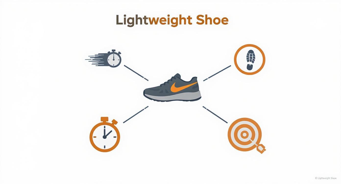 An infographic illustrating the benefits of a lightweight running shoe, featuring speed, performance, comfort, and goal achievement.