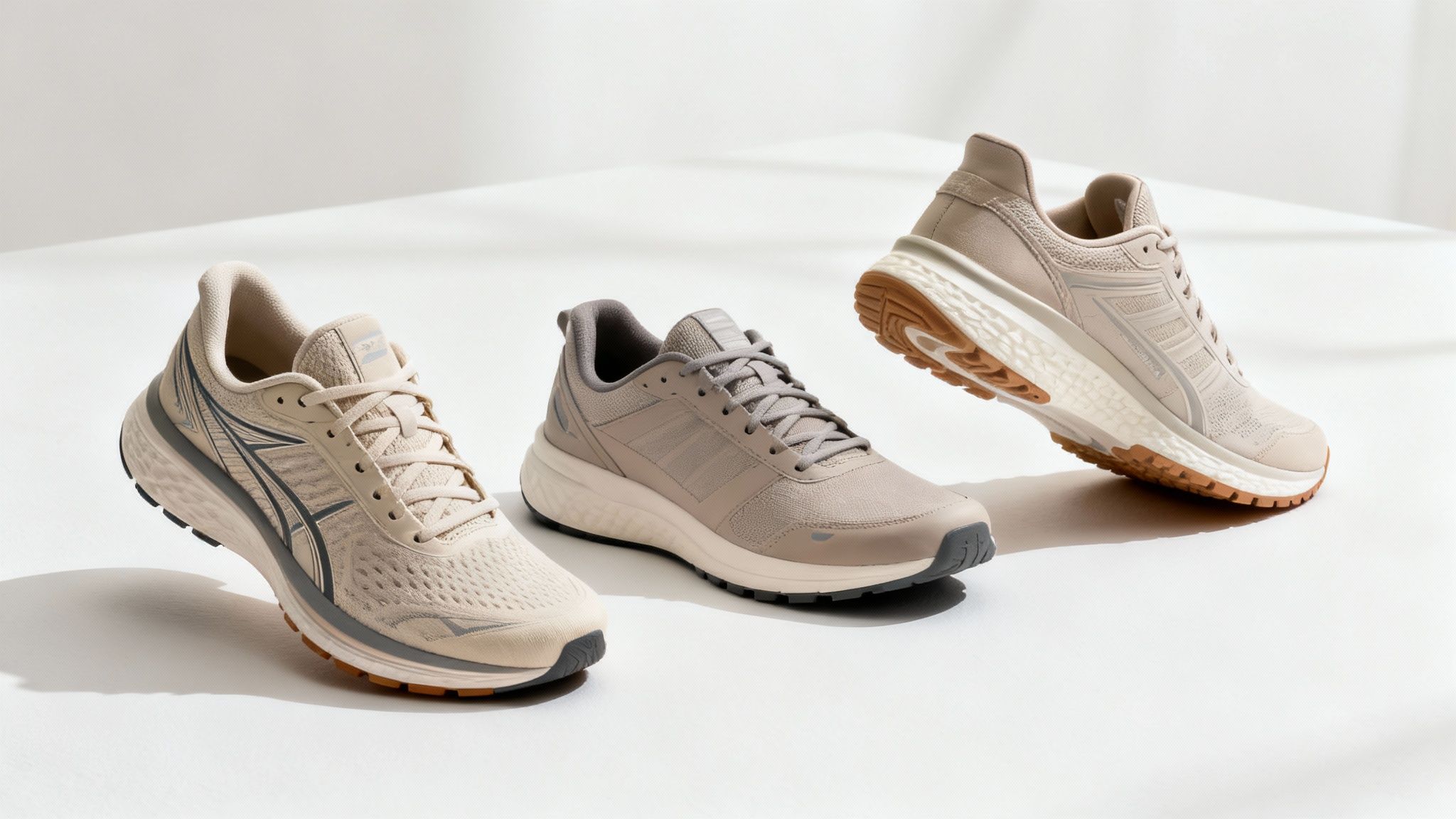 A woman selects a pair of athletic shoes from a neatly organized shelf.