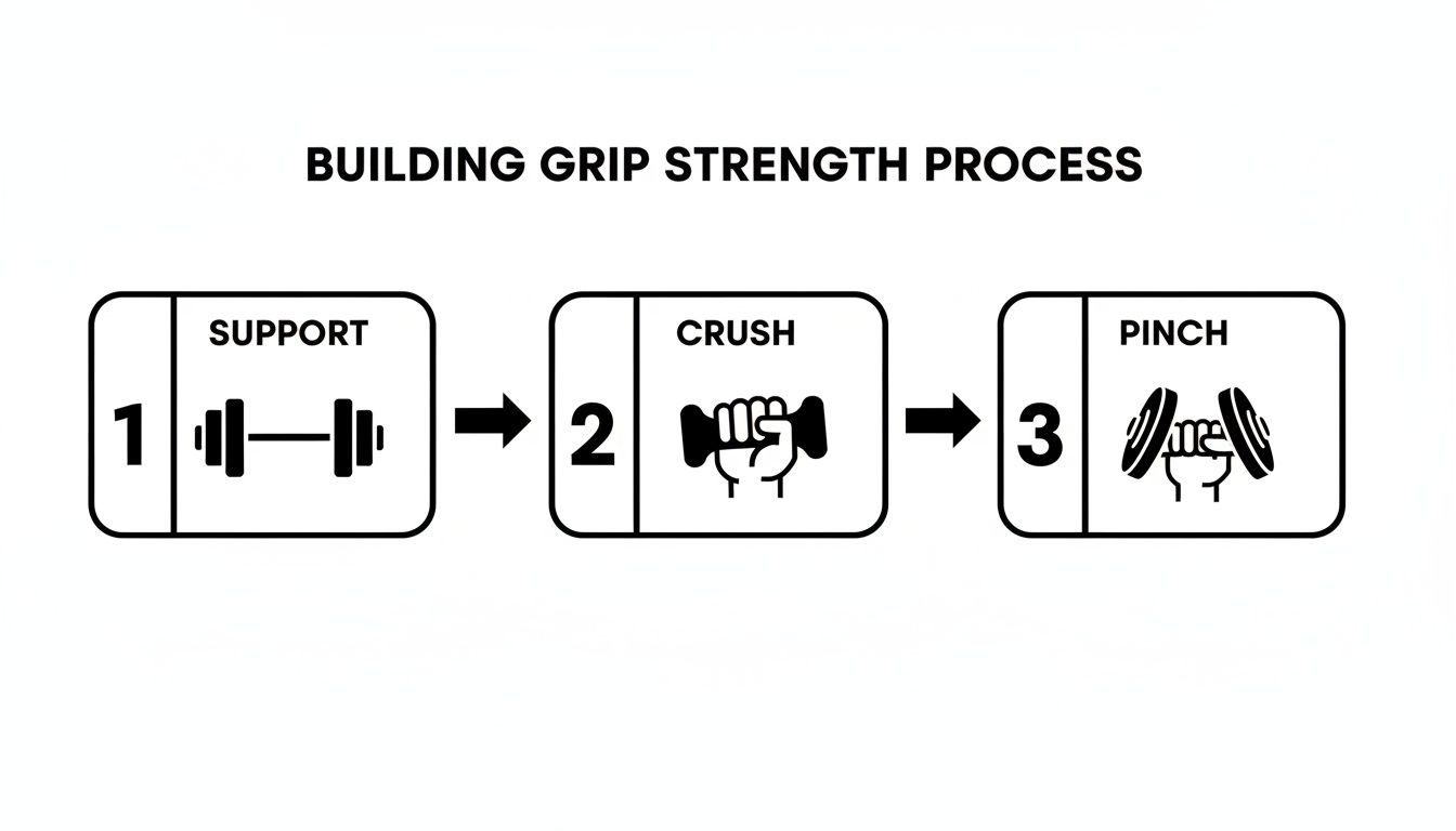 A three-step diagram illustrating the grip strength building process: Support, Crush, and Pinch.