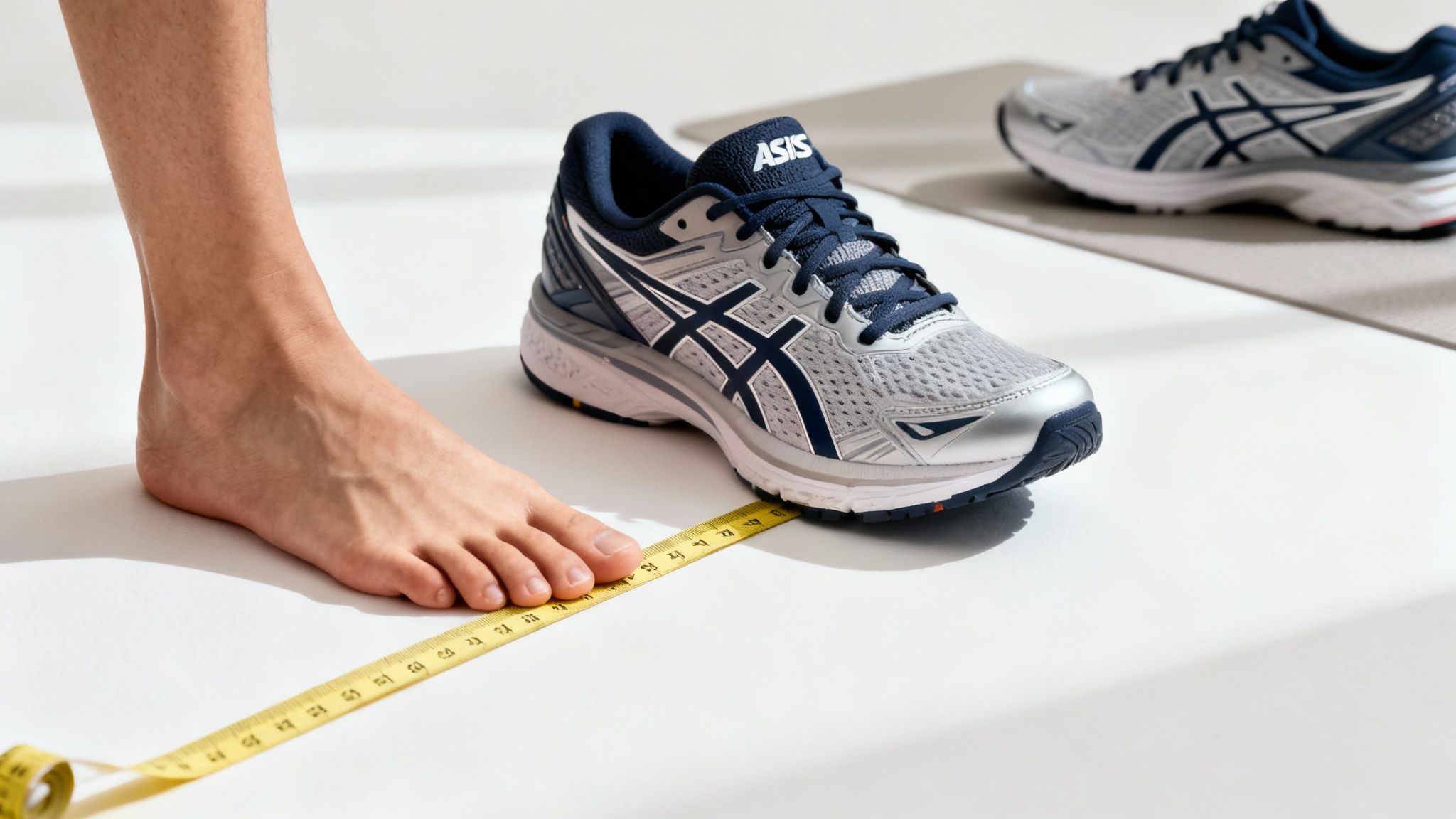 eye level of a mans foot next to an ASICS thraining shoe on a measuring tape