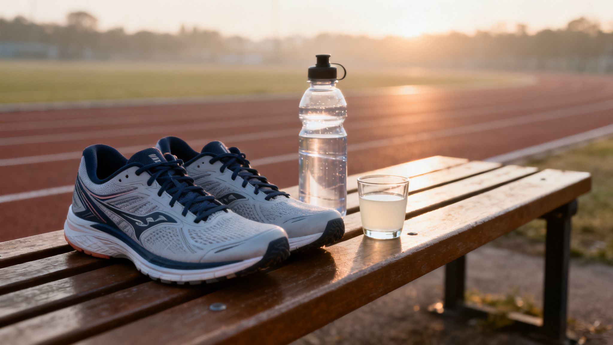 Running shoes, water bottle, and a glass of drink on a wooden bench at a track during sunrise.