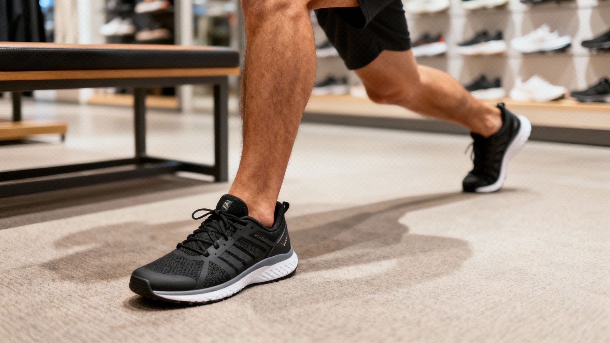 Man in black sports shoes lunges on a beige carpet in a shoe store. Shelves of sneakers in the background. Bright, active mood.