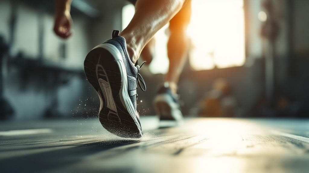 Close-up of person running indoors, focus on shoe hitting the floor, dust particles visible. Warm light fills the active, energetic scene.
