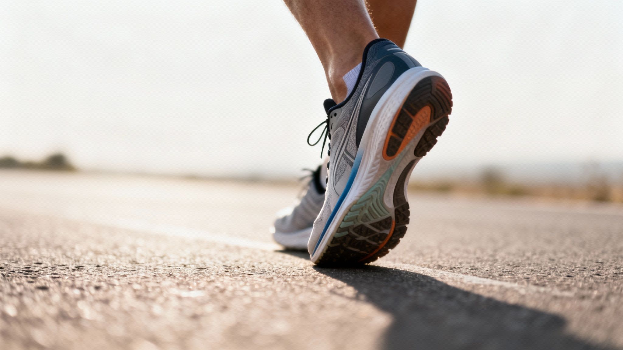 Close-up of a person walking on a road wearing gray and orange running shoes. The sun casts a warm glow on the pavement.