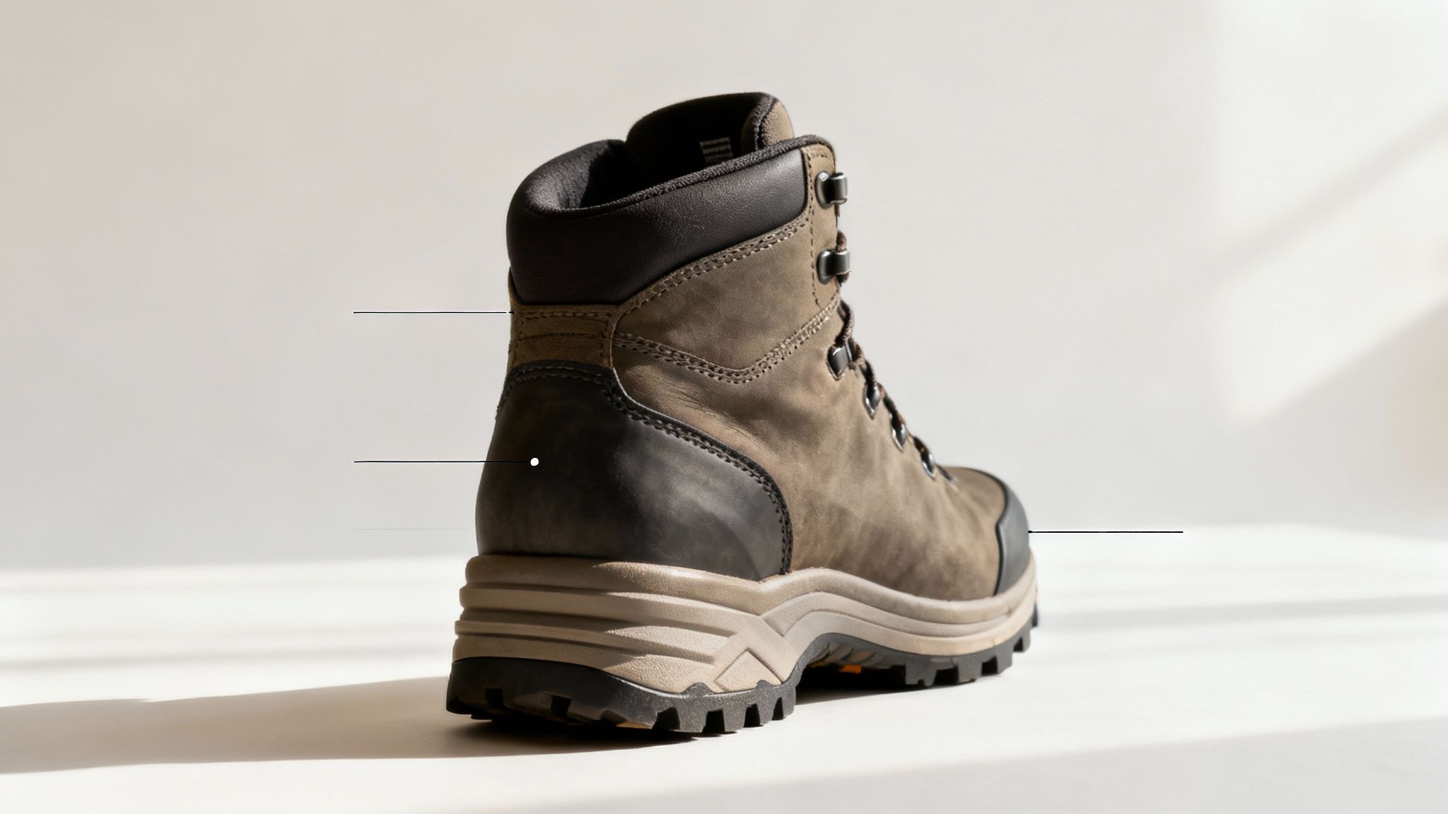 Brown and black hiking boot with rugged sole shown in side view on a white background. Light shines from the right, casting soft shadows.