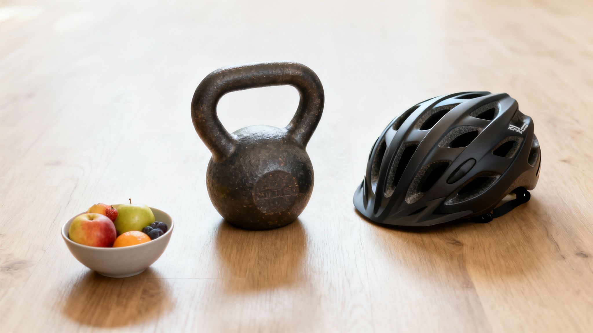 A bowl of fresh fruit, a rustic kettlebell, and a black cycling helmet on a wooden floor.