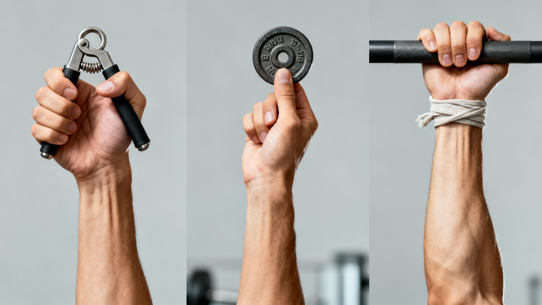Three hands demonstrating various grip strength exercises with a hand gripper, weight plate, and pull-up bar.