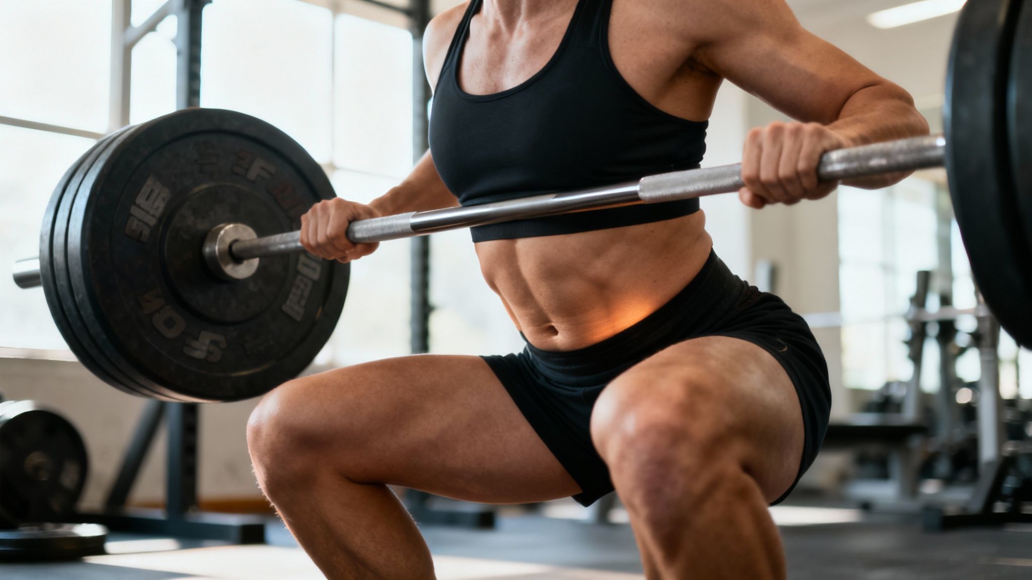 Person in black workout gear squatting with a barbell in a gym. Sunlit windows in the background. Focused and intense atmosphere.