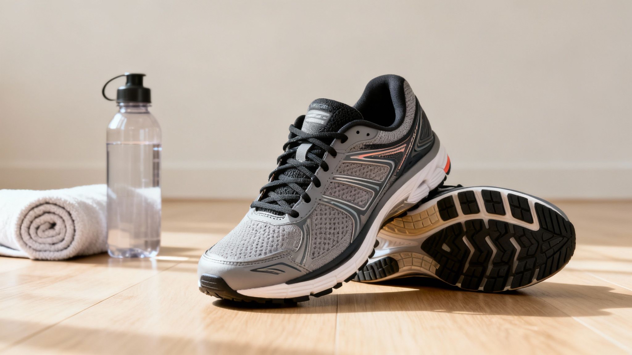 Running shoes, a water bottle, and a rolled white towel on a light wooden floor, ready for exercise.