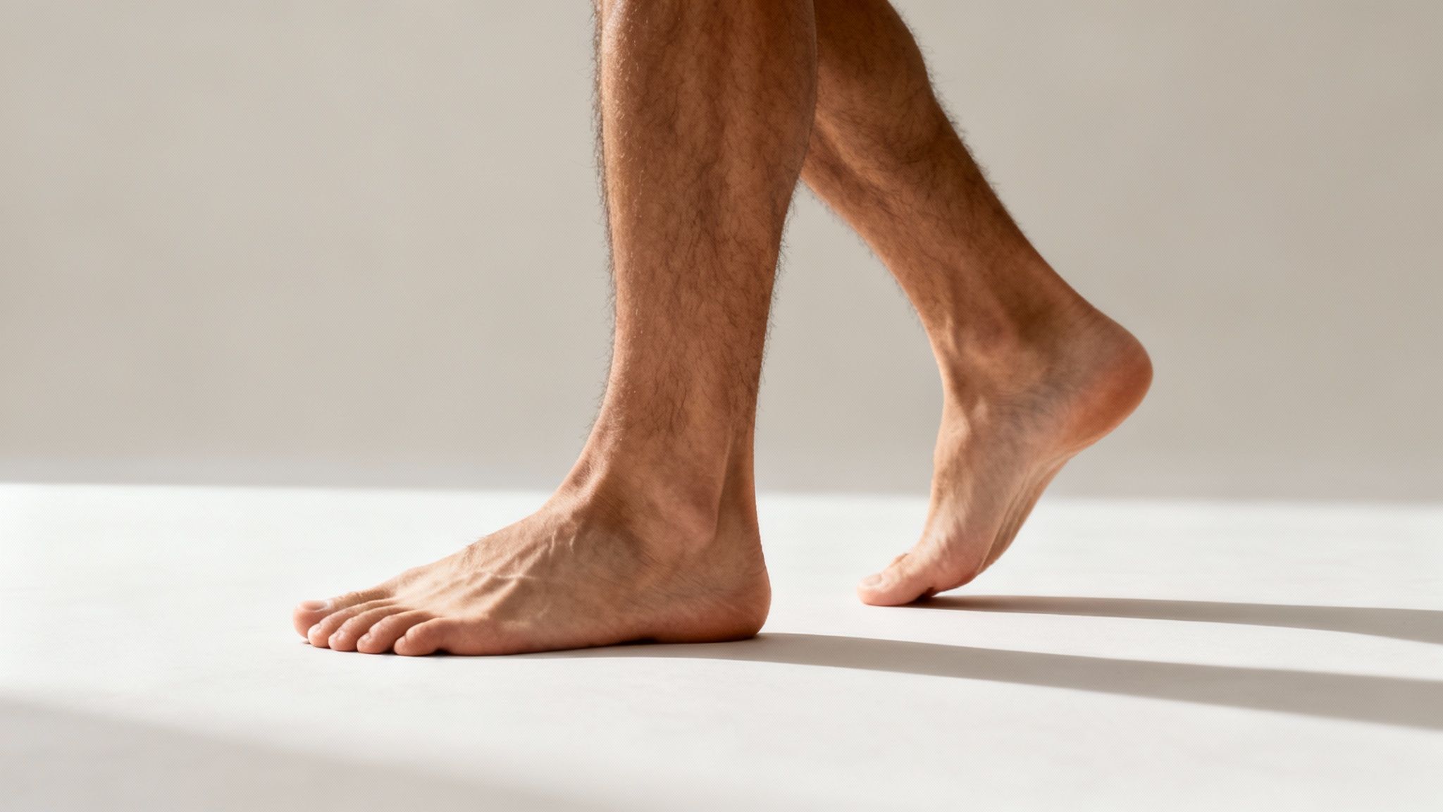 A man's bare feet walking on a light floor, with sunlight casting long shadows.