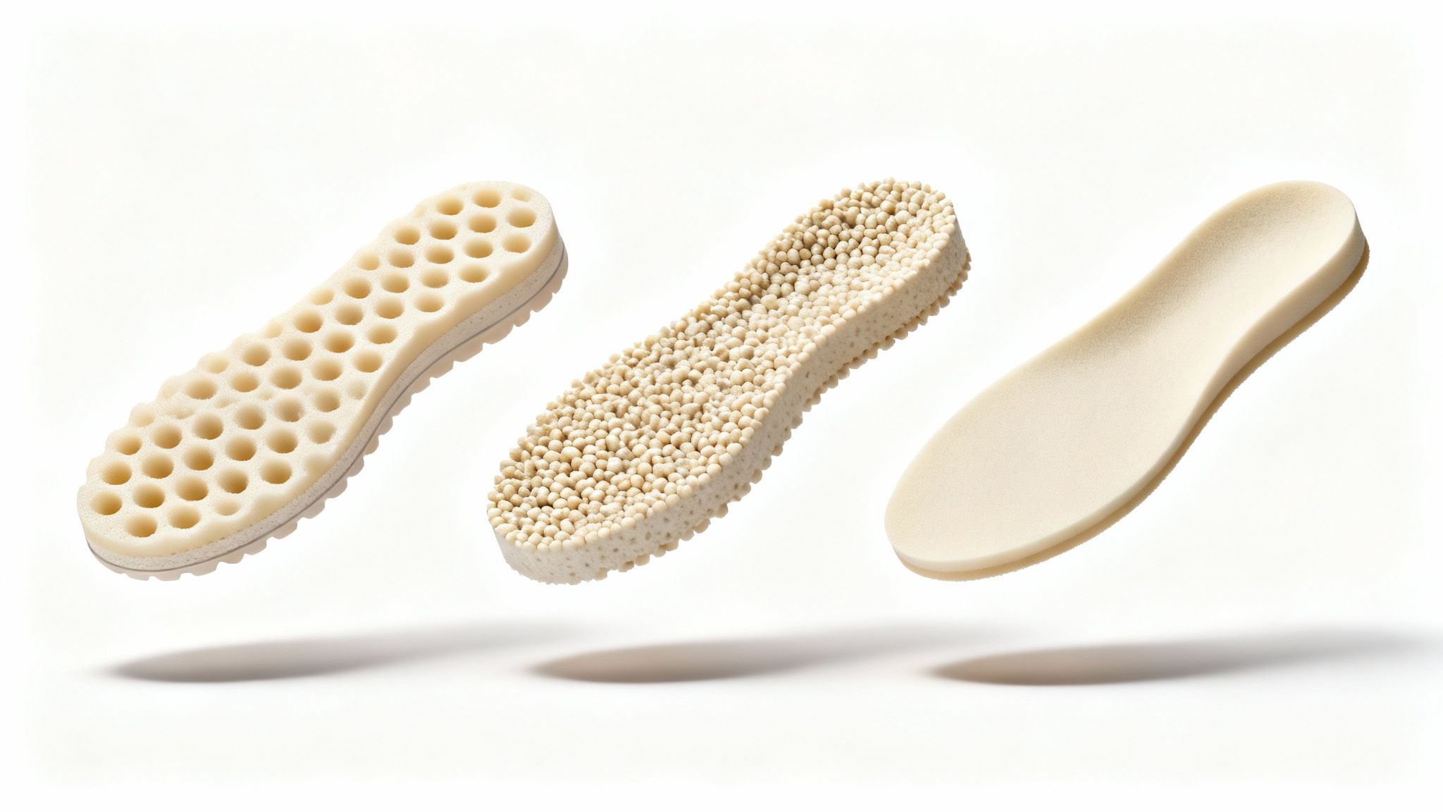 Three textured beige shoe insoles showcasing different cushioning and support designs on white.