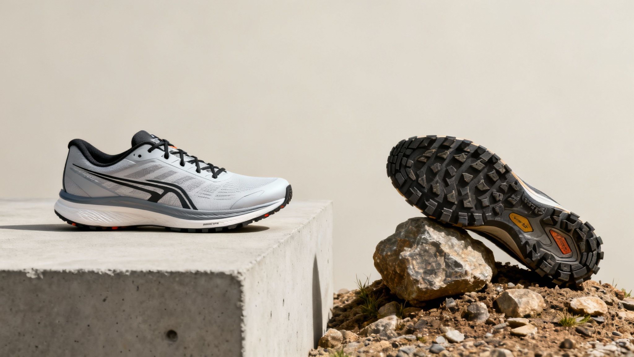 Gray running shoes on display; one on a stone surface, the other showing its rugged sole on rocky terrain. Beige background.