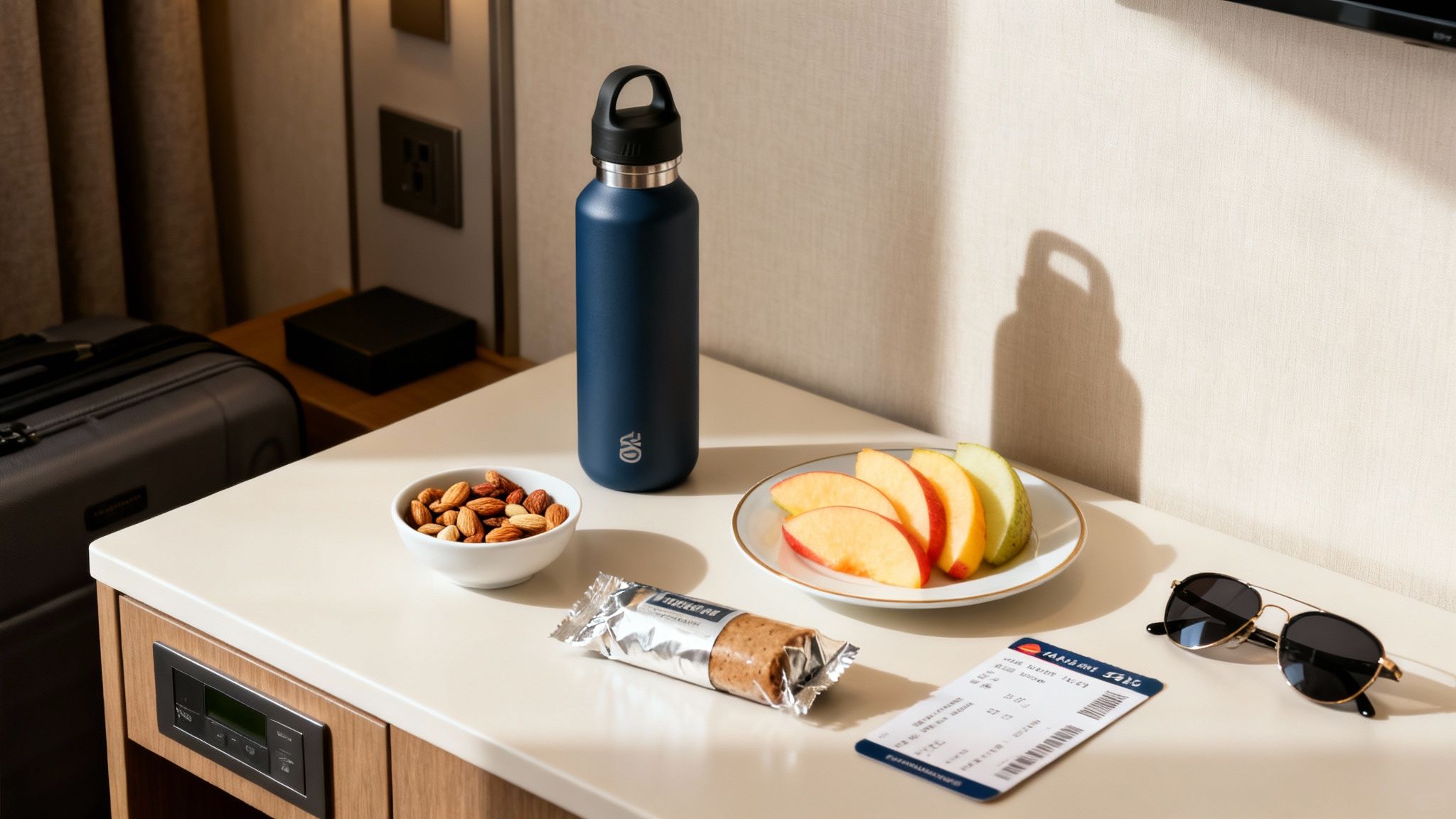 A hotel room table with healthy travel snacks, a water bottle, flight ticket, and sunglasses.