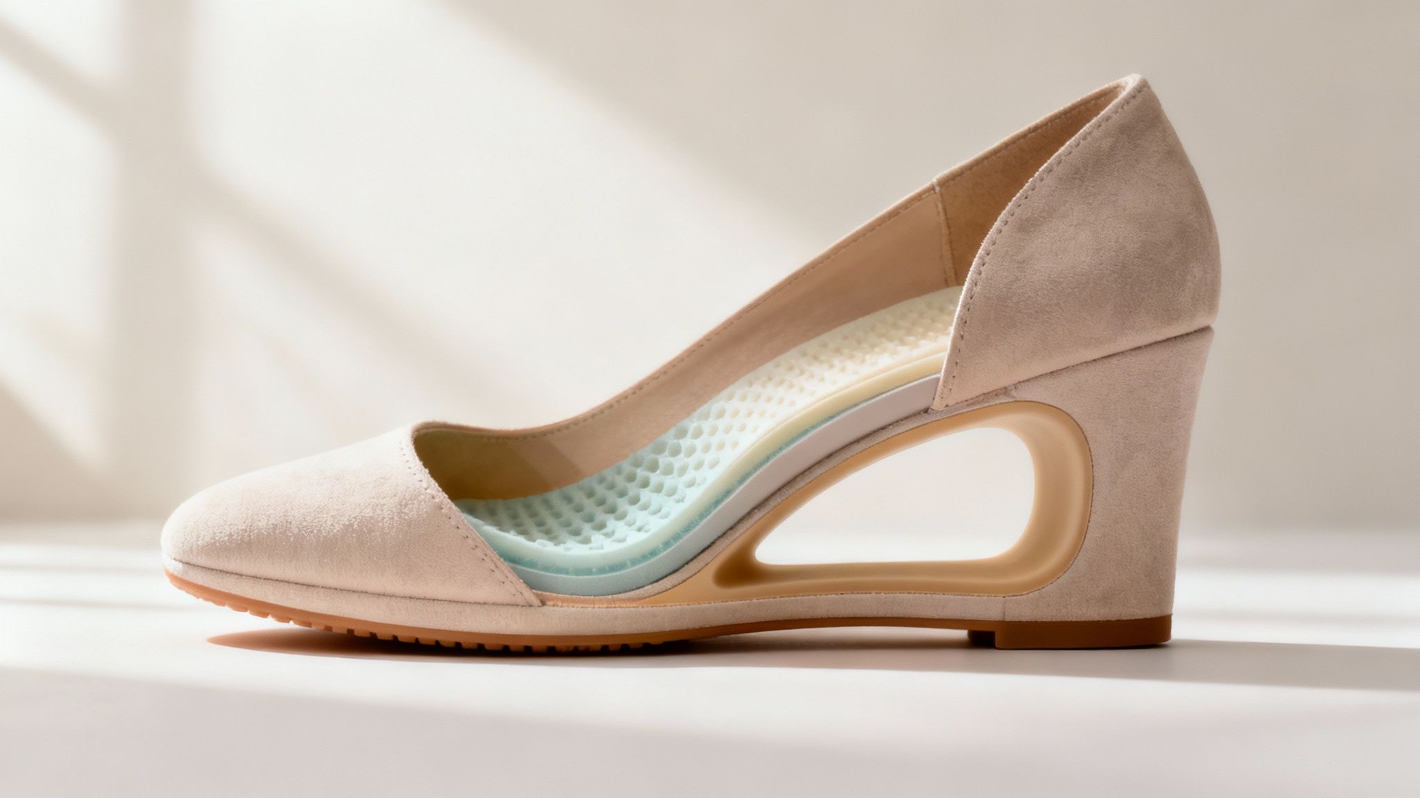 Beige wedge heel shoe with cutout design on a light background. Sunlight casts soft shadows. Sole layers visible inside.