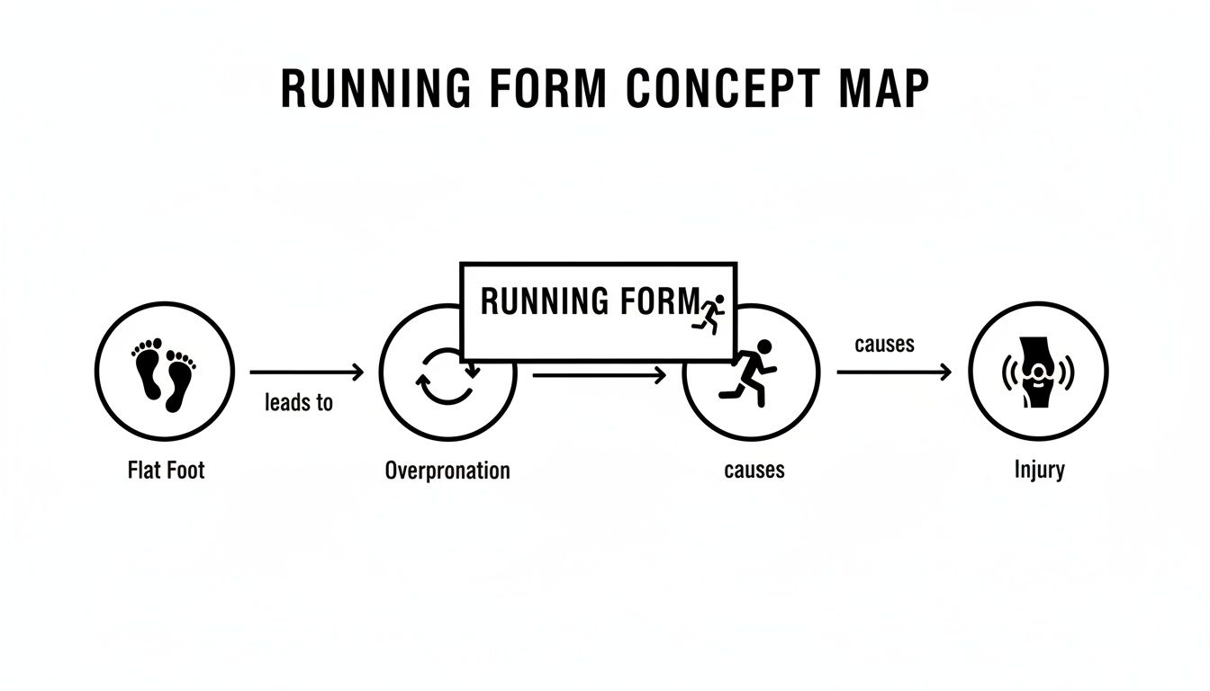 Concept map showing how flat feet lead to overpronation, affecting running form and causing injury.
