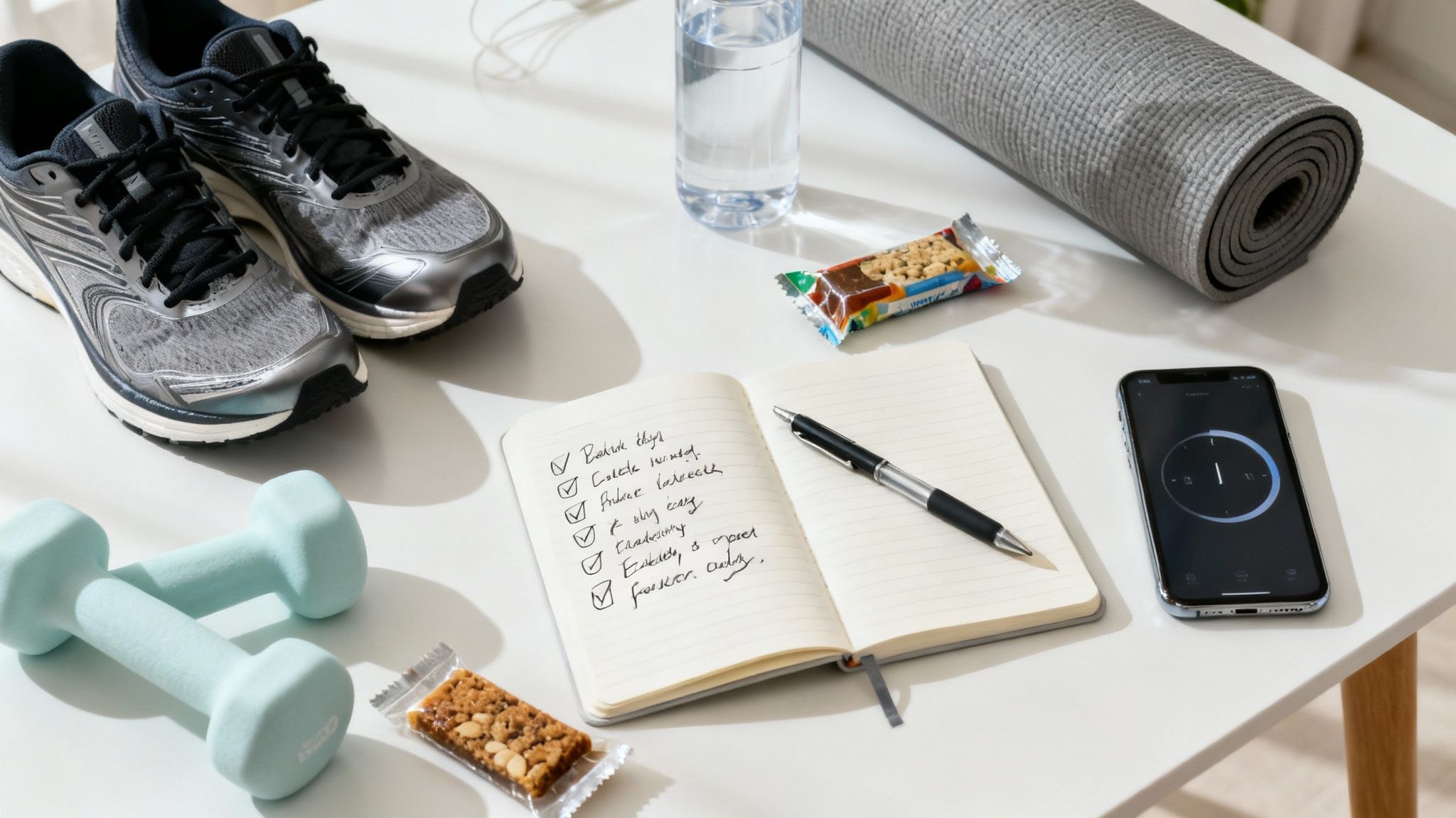 workout items on a table which include a set of weights, energy bar, athletic shoes, glass of water, mat, and note book