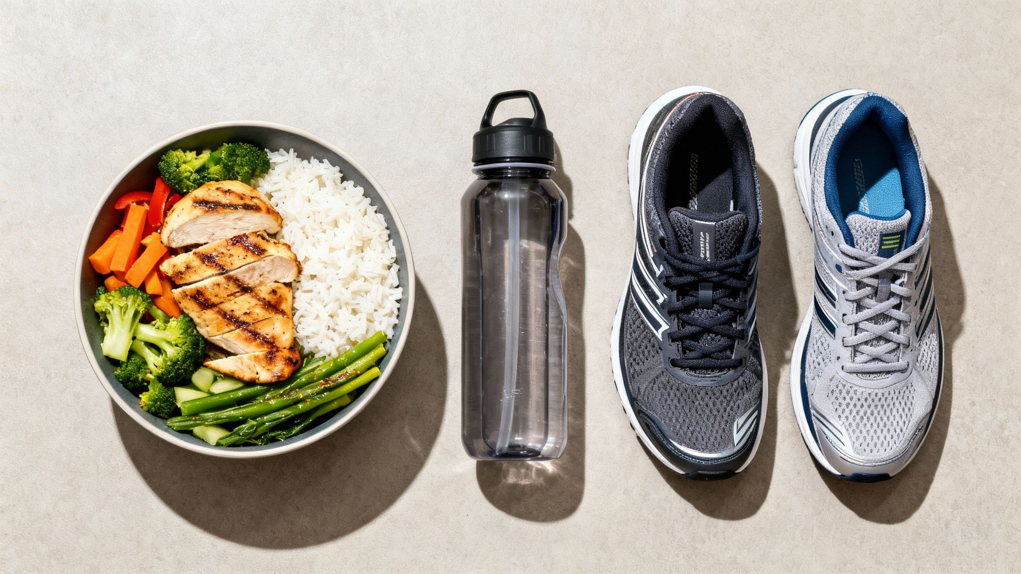 A healthy meal bowl with grilled chicken, rice, vegetables, a water bottle, and two running shoes.