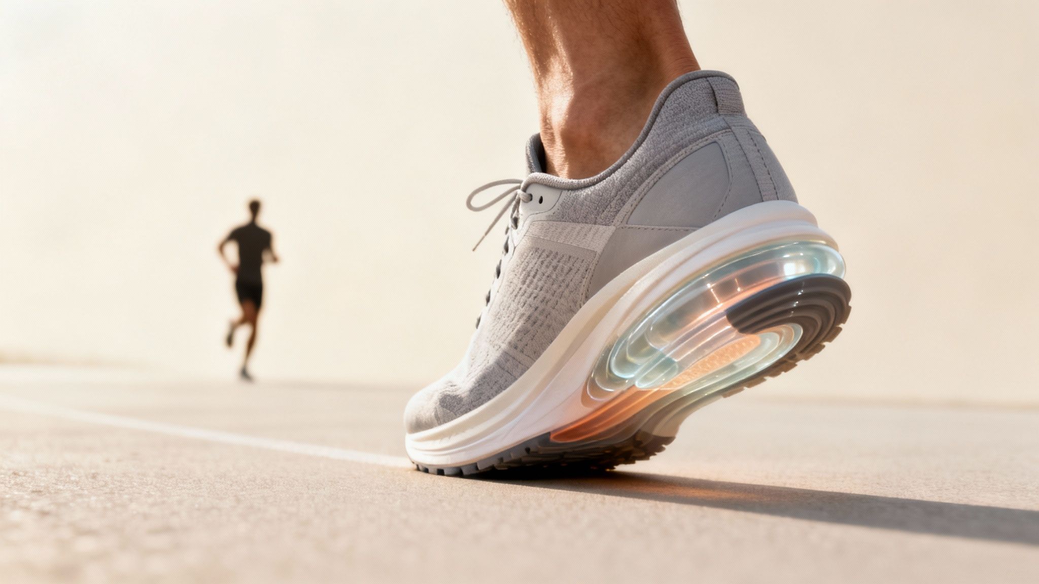 Close-up of a modern grey running shoe with an illuminated sole and a blurred runner in background.