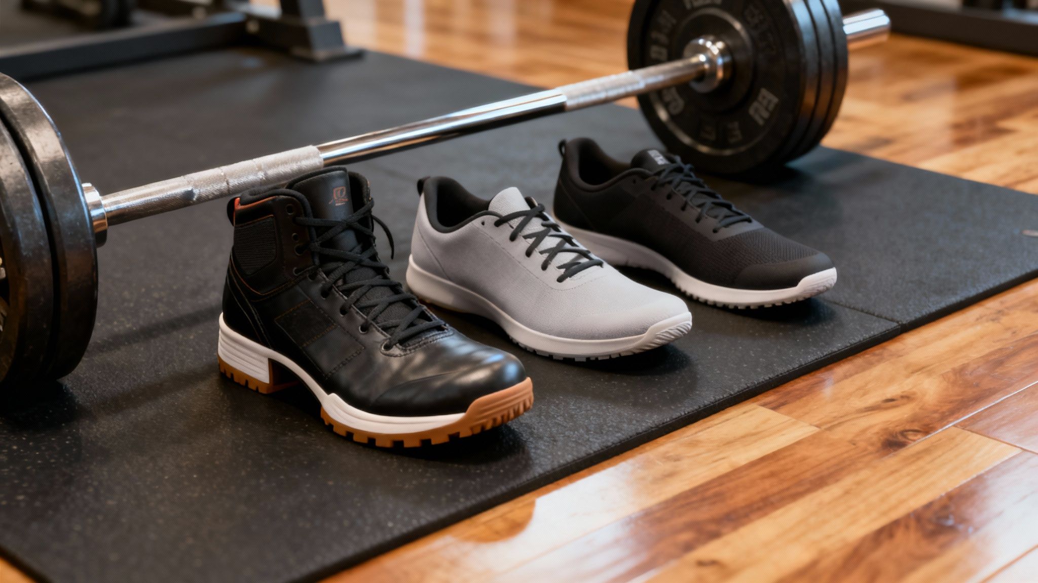 eye level of three different types of athletic shoes under a weighted barbell on a black mat